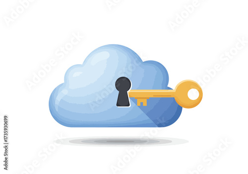 A golden key inserted into a keyhole on a blue cloud, symbolizing cloud computing security, data access, and online privacy.