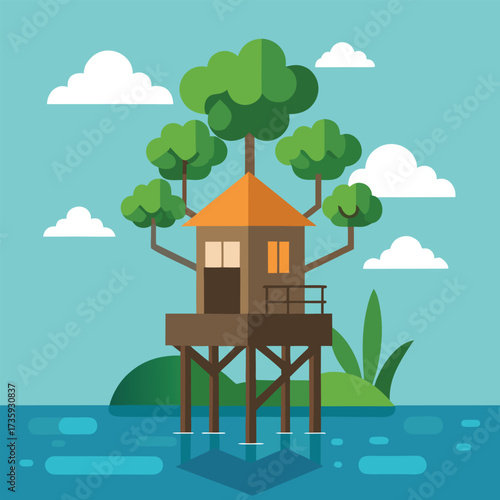 Stilted tree house situated in water, encircled by trees, showcasing a charming and serene outdoor scene.