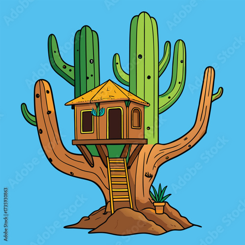 A whimsical cartoon treehouse nestled among tall cacti under a bright blue sky, showcasing a playful desert scene.