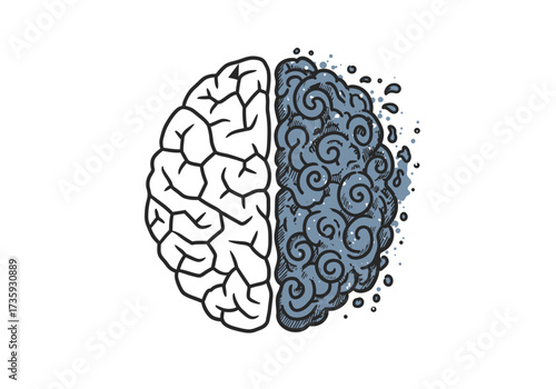 Conceptual illustration of a human brain, with one half clear and the other a dark, stormy cloud, symbolizing mental health.