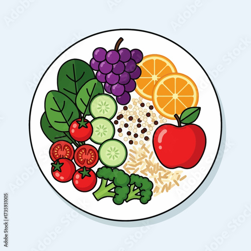 A vibrant white plate filled with a colorful assortment of fresh fruits, vegetables, and grains, representing a healthy and balanced meal.