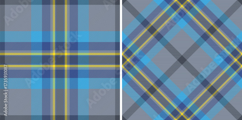 Classic tartan patterns in blue, gray, and yellow. Versatile for backgrounds, textiles, and designs needing a traditional, stylish, and checkered vibe.