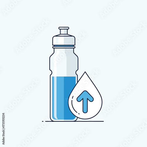 A sports water bottle next to a water drop icon with an up arrow, symbolizing increased hydration and fluid intake.