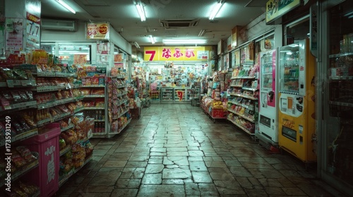 Atmospheric shot inside a Japanese convenience store with full aisles