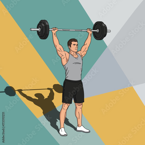 Illustration of a strong, muscular man performing an overhead press with a barbell against a colorful, geometric background.