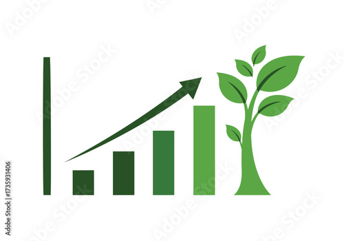 Green bar graph with an ascending arrow symbolizing sustainable economic growth and environmental progress.