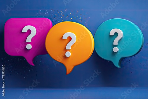 Three colorful speech bubbles with white question marks, set against a gradient blue background