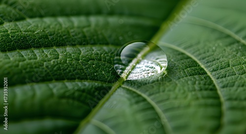 Water droplet on a green leaf, close-up view.