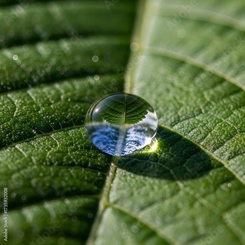 Water droplet on a green leaf reflecting the sky and plants.