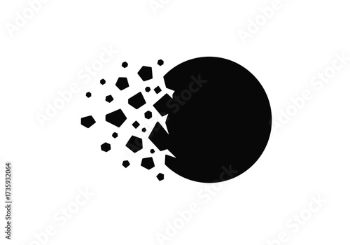 A minimalist black circle shattering into numerous small, irregular fragments, creating a sense of motion and disintegration.