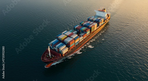 Aerial View of a Large Container Ship Sailing on the Ocean.