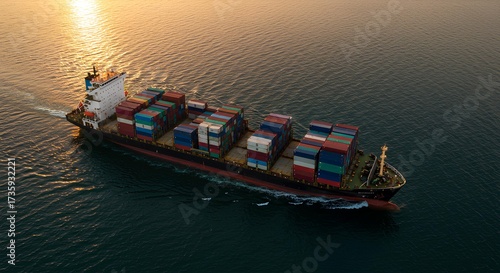 Container Ship Sailing on the Ocean at Sunset.