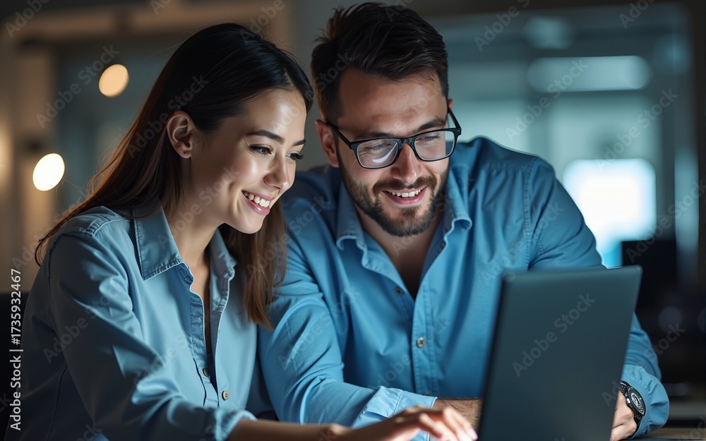 Fototapeta premium Portrait of Two Female and Male Engineers Using Laptop Computer to Analyze and Discuss How to Proceed with the Artificial Intelligence Software. Casually Chatting in High Tech Research Office