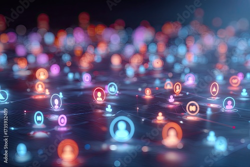 Futuristic abstract depiction of connected digital profile icons. Data network imagery