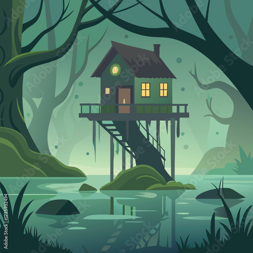 A cartoon house perched on a cliff, surrounded by a tree, set against a bright blue sky.