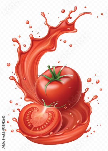 realistic 3d red tomato juice or ketchup sauce splashes in different style isolated on transparent background