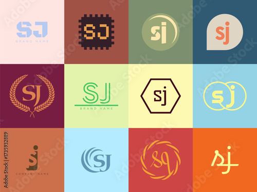 SJ logo company template. Letter s and j logotype. Set different classic serif lettering and modern bold text with design elements. Initial font typography.