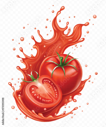 realistic 3d red tomato juice or ketchup sauce splashes in different style isolated on transparent background