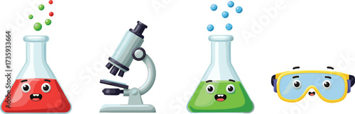 Cartoon science equipment, cute laboratory flask, smiling microscope, happy safety goggles, chemistry experiment illustration, educational science clipart, fun school design