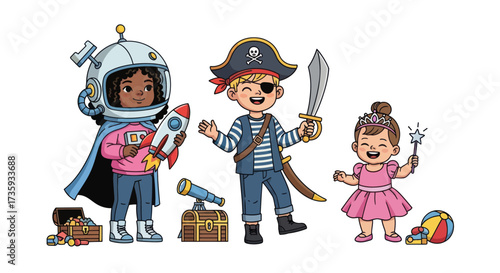 Obraz na płótnie Diverse children dressed as astronaut pirate and princess with toys