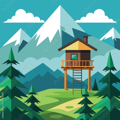Charming tree house on a tree, set against a backdrop of a glowing moon and a starry night sky.