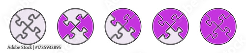 Round shape puzzle pieces vector. Purple three dimensional puzzle set. Collection of puzzle to use for business, strategy, teamwork, analisys, infographics, engineering design project. 