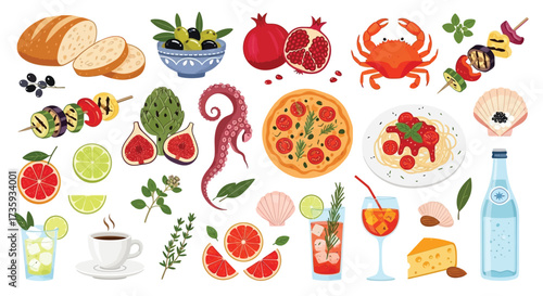 Vector art of delicious italian food illustration set, featuring pizza, pasta, seafood, and fresh ingredients