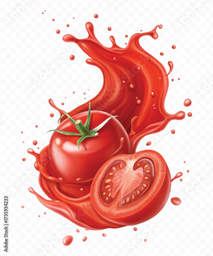 realistic 3d red tomato juice or ketchup sauce splashes in different style isolated on transparent background