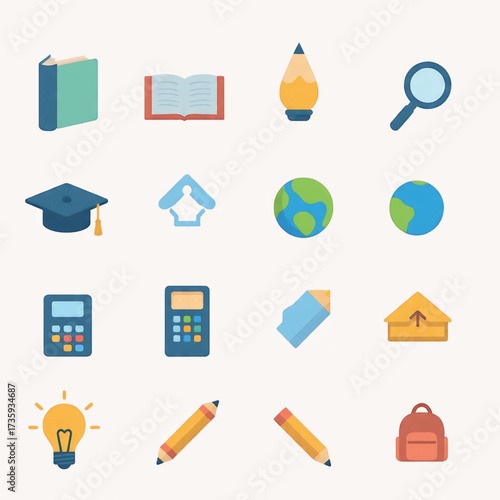 Collection of educational and learning icons, including books, pencils, graduation cap, calculator, and magnifying glass