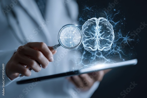 Medical professional examines a digital brain image on a tablet, representing neuroscience