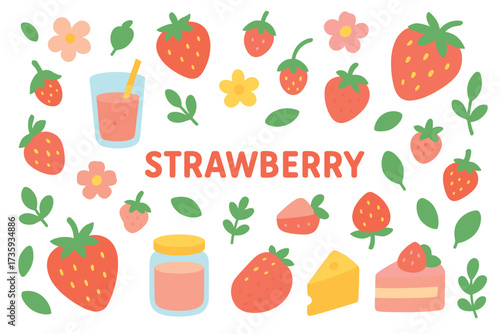 Colorful strawberry-themed illustration with flowers and desserts