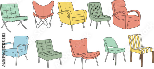 Chair collection illustration, upholstered and wooden chairs, modern furniture design, interior seating variety, stylish home decor, contemporary chair styles, furniture comparison, lifestyle concept