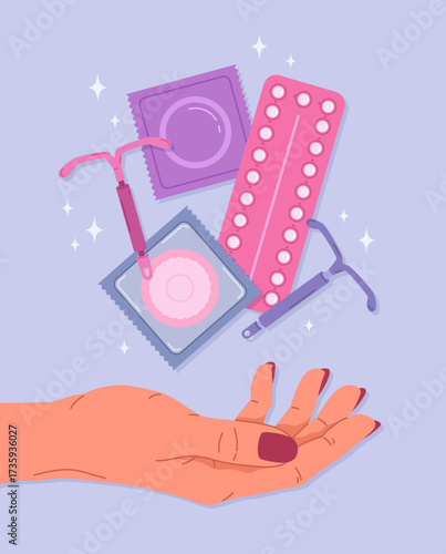 Hand drawn cartoon illustration of female hand with falling blister pack of hormonal contraceptive pills, IUDs and condoms. Types of contraception, protection against infections and unwanted pregnancy