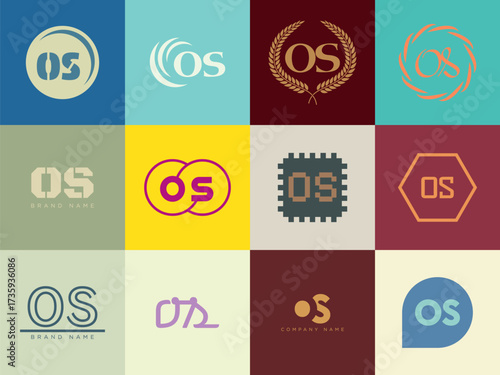 OS logo company template. Letter o and s logotype. Set different classic serif lettering and modern bold text with design elements. Initial font typography.