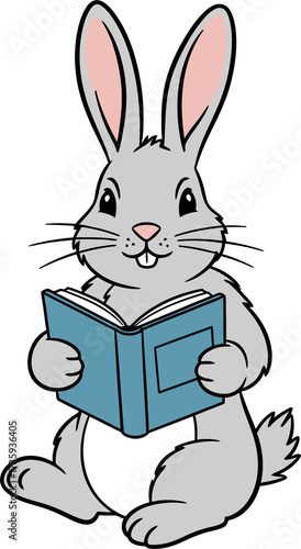 Grey bunny reading a blue book with an open smile, eager for knowledge, character on transparent background for education.