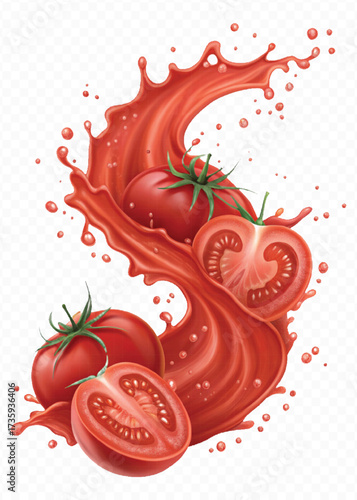 realistic 3d red tomato juice or ketchup sauce splashes in different style isolated on transparent background
