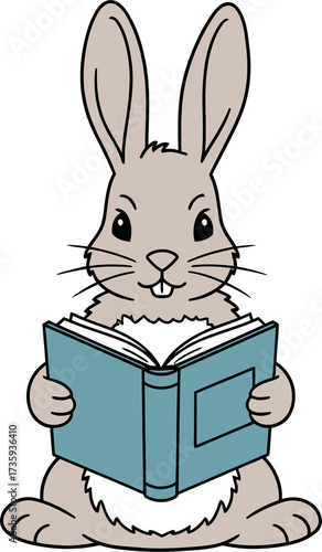 Little brown rabbit holding and reading a blue book on transparent background. Cute animal mascot for kids learning and education.