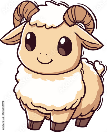 Cute little lamb with big eyes and fluffy wool looking at camera smiling on transparent background. Farm animal simple illustration.