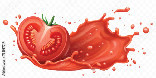 realistic 3d red tomato juice or ketchup sauce splashes in different style isolated on transparent background