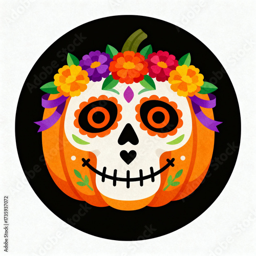 Whimsical dia de los muertos pumpkin with sugar skull face adorned with colorful flowers and ribbons against a dark background celebrating day of the dead traditions