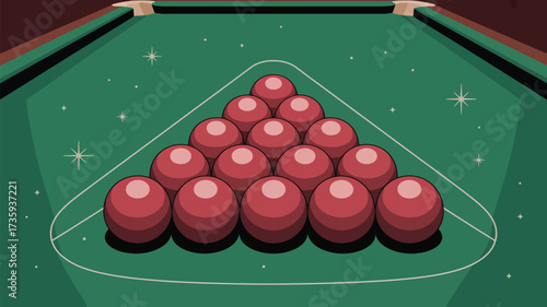 A cartoon illustration of a pool table with a rack of red balls and sparkling stars around it