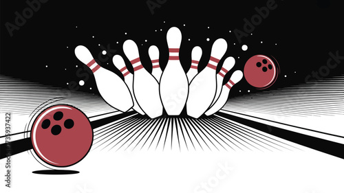 A graphic illustration of bowling pins and bowling balls against a black and white background design