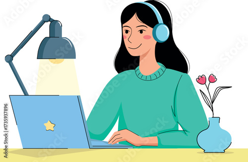 A woman wearing headphones is sitting at a laptop, working or studying, the concept of concentration and productivity, a person is busy with their tasks