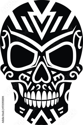 Black and White Tribal Skull Design with Intricate Patterns on White Background vector