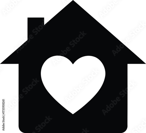 Black House Silhouette with a White Heart Shape Inside on White Background home love