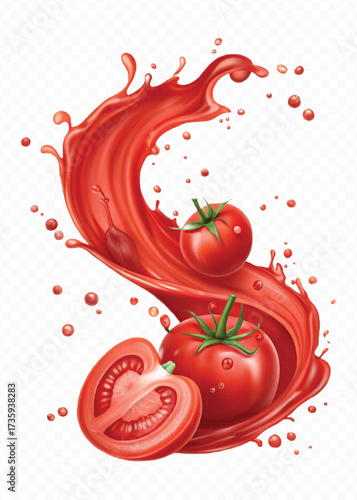 realistic 3d red tomato juice or ketchup sauce splashes in different style isolated on transparent background