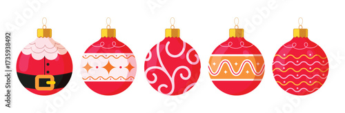 Row of red Christmas baubles with festive decorative patterns on white background.