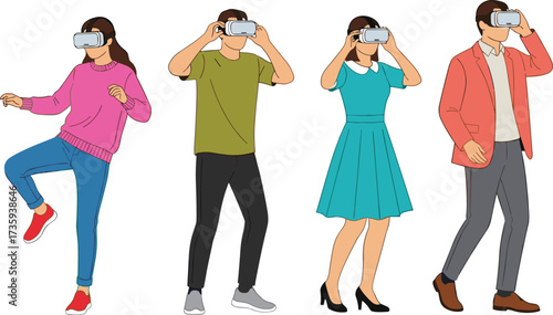 Virtual reality headset users, immersive technology illustration, diverse people in VR, modern digital lifestyle, interactive experience, future tech, innovation, gaming concept