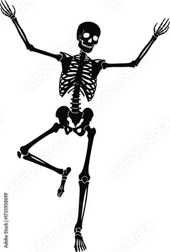Black Silhouette of a Dancing Skeleton with Arms Raised in a Joyful Pose vector illustration
