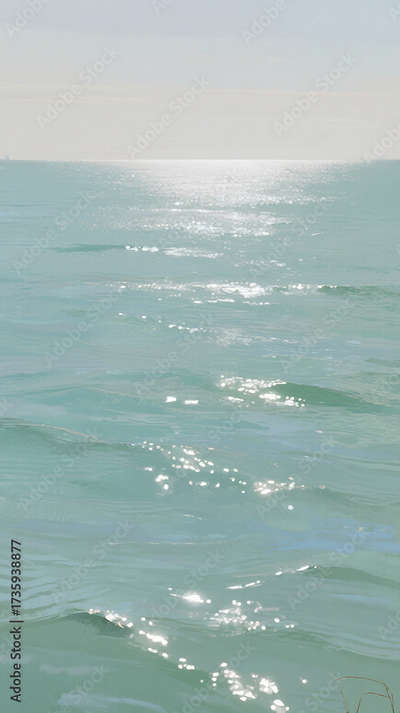Obraz premium Pastel mint sea with gentle ripples, horizon line fading into a soft sky, subtle reflections